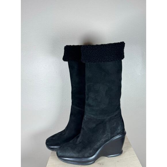 Hogan Suede Wedge Black Boots 37.5 Designer Leather Sherpa Lined Ski Snow Luxury - Picture 4 of 11